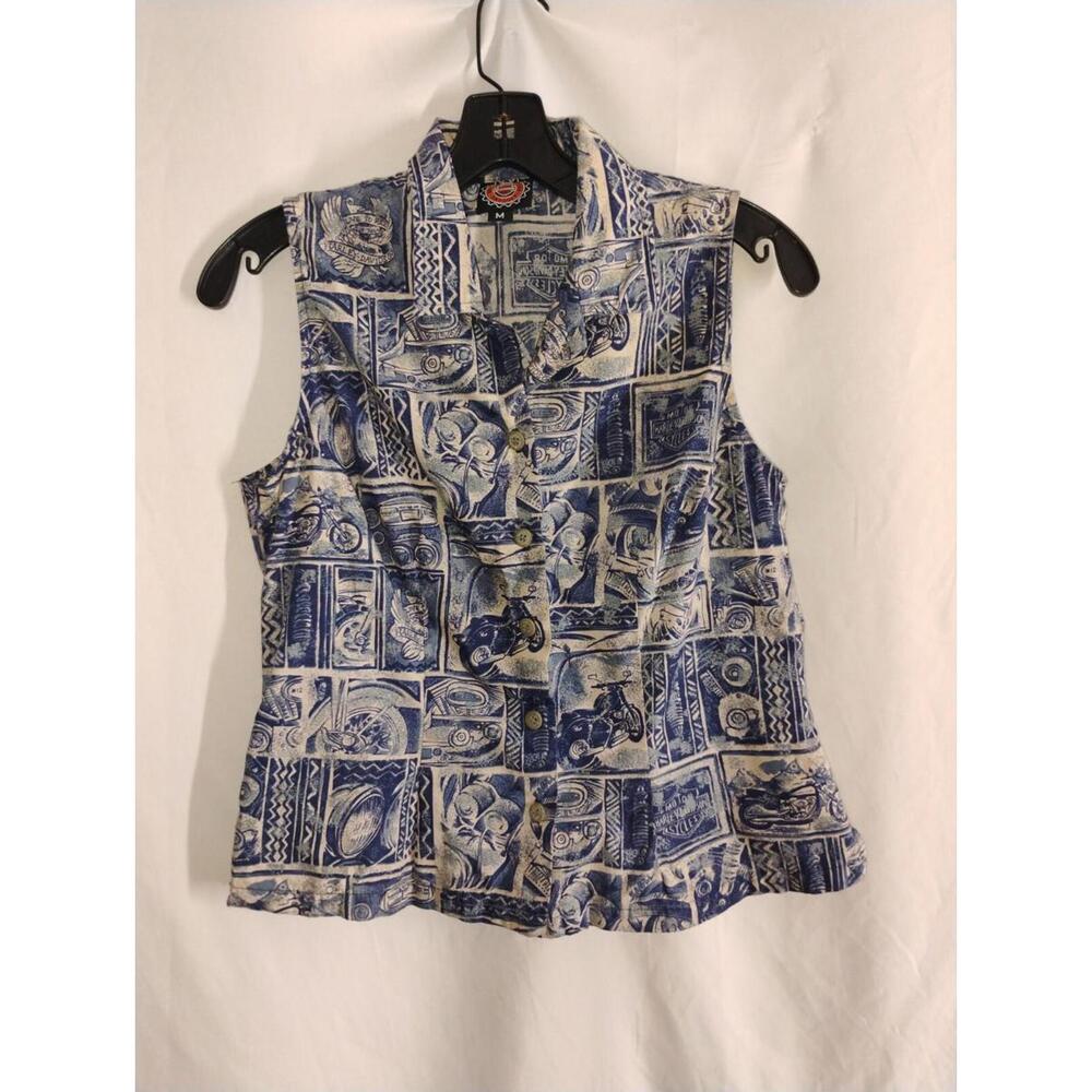 Vintage Harley Davidson women's Blue and Ivory Button up top Size Medium